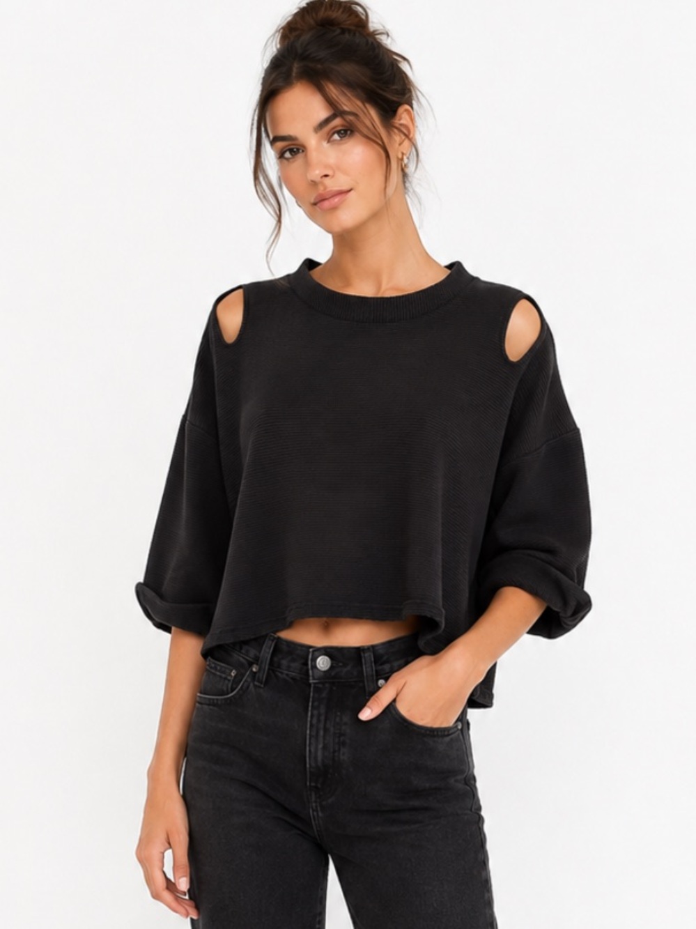 Varley Black Ribbed Cut Out Boxy Shirt Size Medium